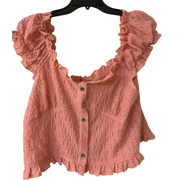 Pol Pink Embroidered Ruffle Cap Sleeve Smocked Cropped Top Large Coquette - Picture 1 of 11